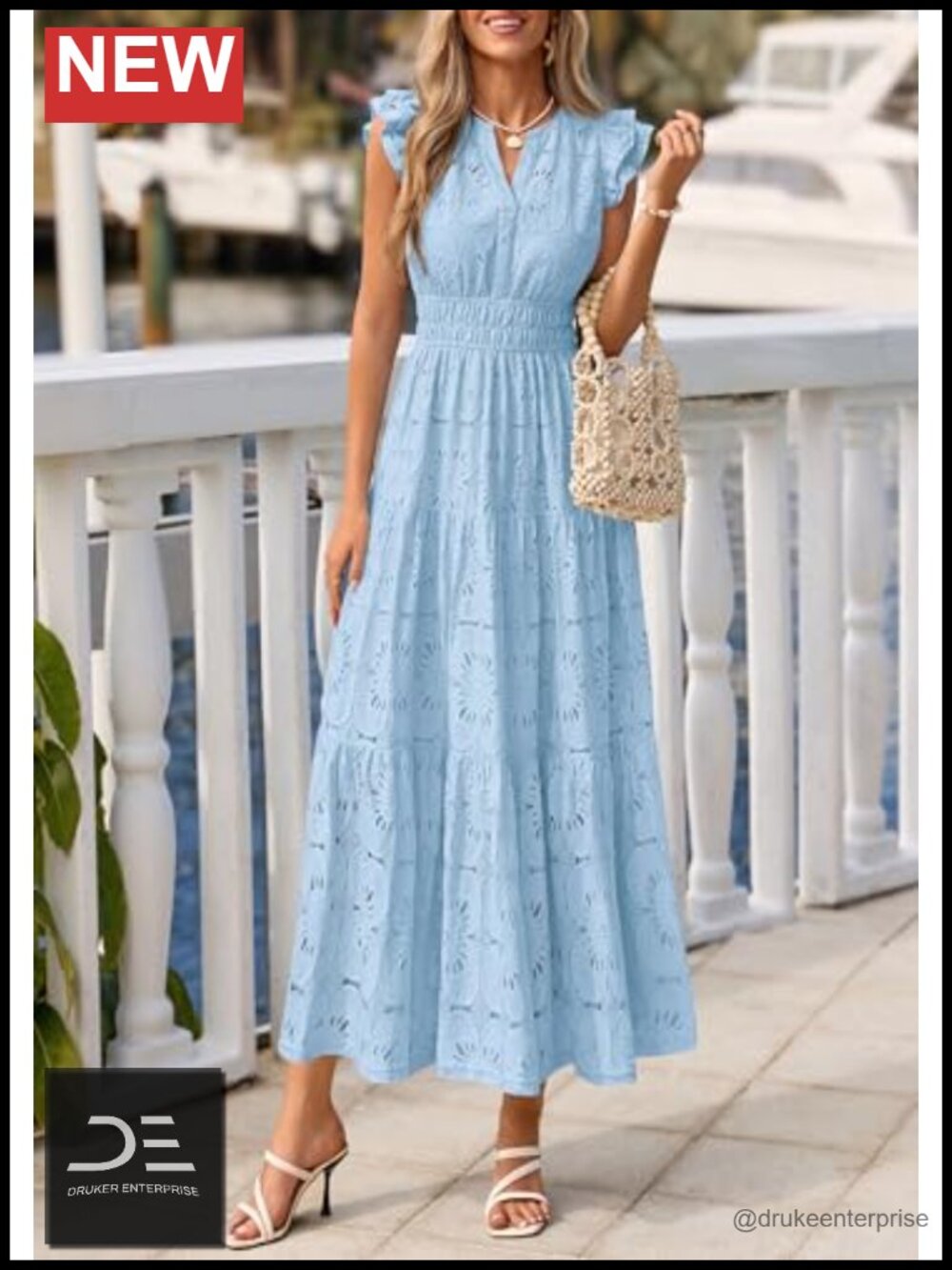 Boho Maxi Dress with Floral Lace Eyelet V Neck Wedding Guest Beach Vacation - Picture 2 of 6